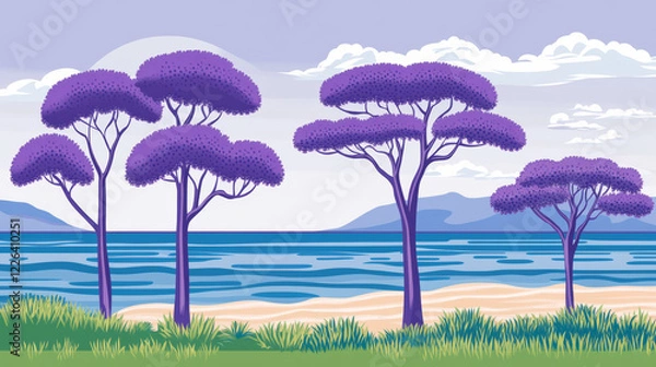 Fototapeta Purple trees by ocean with mountains in background