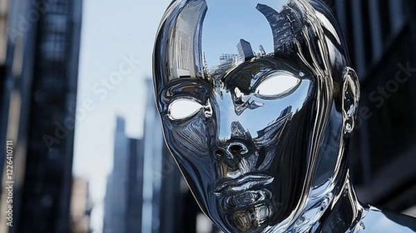Fototapeta Chrome Head: A Metallic Reflection of Urban Life
