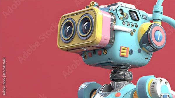 Fototapeta 3D rendered Pastel Robot in Blue, Pink, and White - red background
