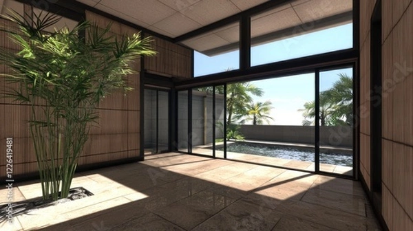 Fototapeta Modern Minimalist Home Interior with Pool View