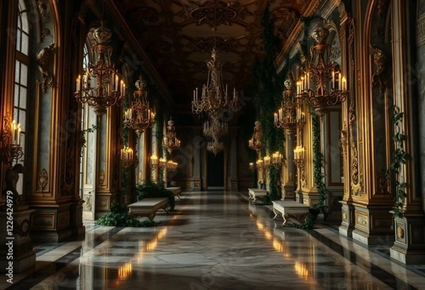Fototapeta Opulent Grand Hallway with Luxurious Chandeliers and Ornate Ceiling Design, Generative AI