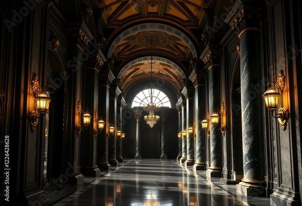 Fototapeta Opulent Grand Hallway with Luxurious Chandeliers and Ornate Ceiling Design, Generative AI