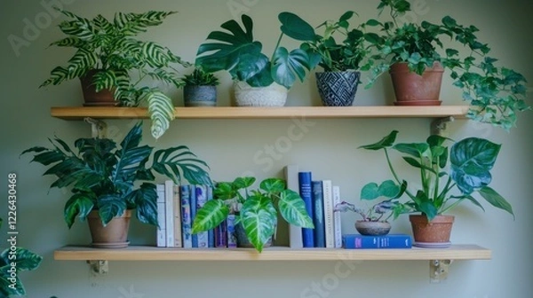 Fototapeta Cozy Home Decor  Plants  Books   Wooden Shelves