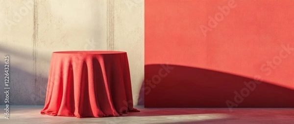 Fototapeta Red tablecloth on podium creates minimalist backdrop for product display in modern interior setting