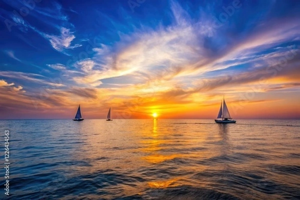 Fototapeta Calming sunset over the open ocean with a few sailboats in the distance, ocean sunset, open water