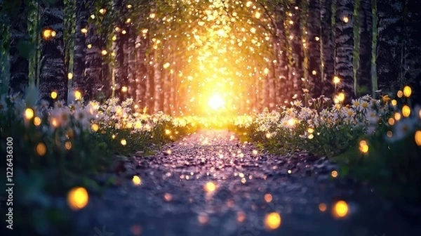 Fototapeta Magical forest path, glowing lights, daisies, fantasy background, ideal for fairytale themes