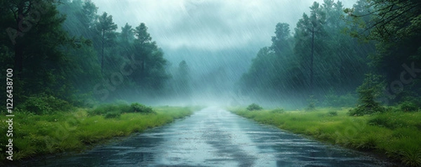 Fototapeta 雨が降る林の中の道路