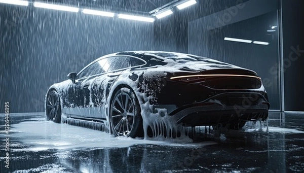 Obraz A sleek luxury vehicle gets a thorough cleaning in a contemporary car wash. Foam covers the shiny exterior while water streams off, highlighting the car's curves and design