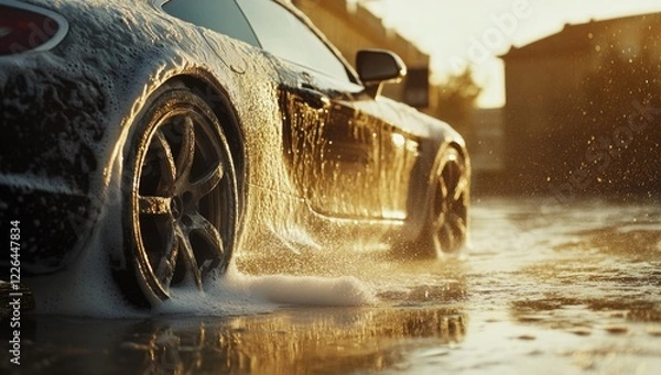 Obraz A sleek luxury vehicle gets a thorough cleaning in a contemporary car wash. Foam covers the shiny exterior while water streams off, highlighting the car's curves and design