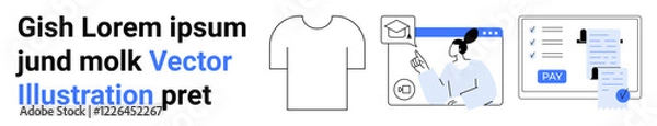 Fototapeta Casual t-shirt outline, online instructor teaching with graduation cap, and payment process on a screen. Ideal for education, fashion, e-commerce, design, technology, learning finance concepts