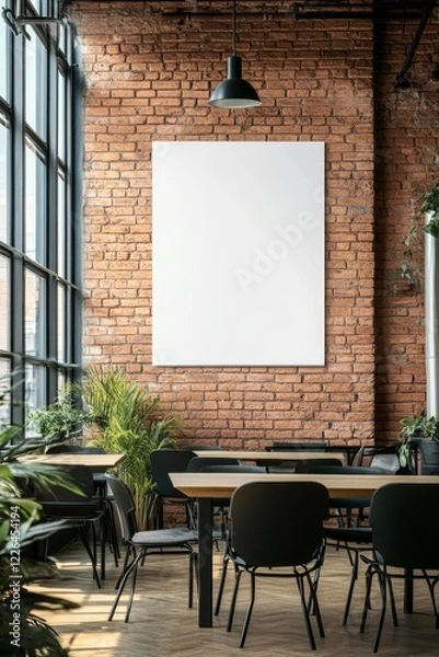 Fototapeta Blank canvas mockup in a modern cafe with brick wall, large window, and wooden tables.