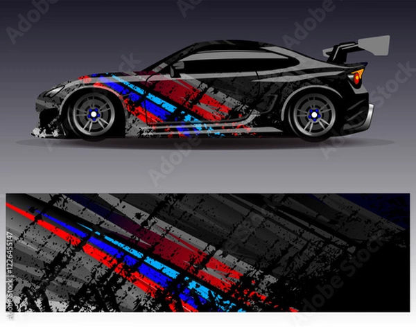 Fototapeta Car wrap design vector. Graphic abstract stripe racing background designs for vehicle, rally, race, adventure and car racing livery