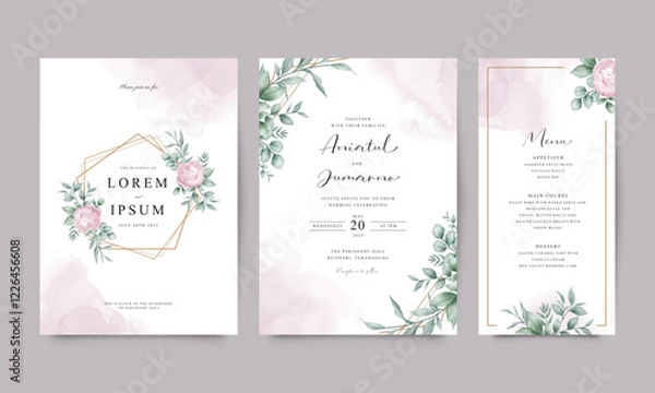 Fototapeta Pink rose flower green leaves geometric frame elegant wedding invitation set