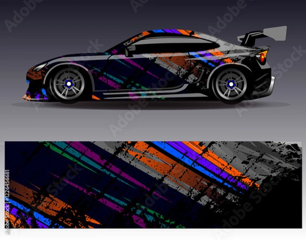 Fototapeta Car wrap design vector. Graphic abstract stripe racing background designs for vehicle, rally, race, adventure and car racing livery