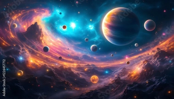 Fototapeta Vibrant Nebula Space Art Planets Galaxy Landscape