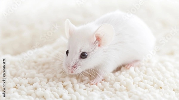 Obraz Albino Mouse on Soft Bedding: An adorable albino mouse with bright, inquisitive eyes sits on a bed of soft, white bedding, creating a charming and peaceful image. 