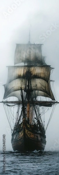 Fototapeta Antique sailing vessel emerges from dense fog on dark water with billowing sails and ornate details