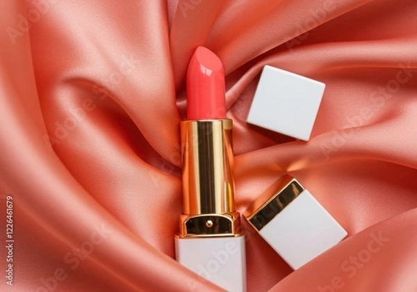 Obraz Luxury lipstick in coral pink shade with gold and white packaging on soft silky background in studio lighting
