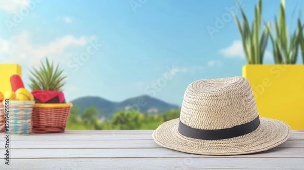 Fototapeta Summer Straw Hat on Wooden Table with Bright Background - A stylish straw hat rests on a wooden table with vibrant outdoor scenery, including plants and colorful summer accessories.