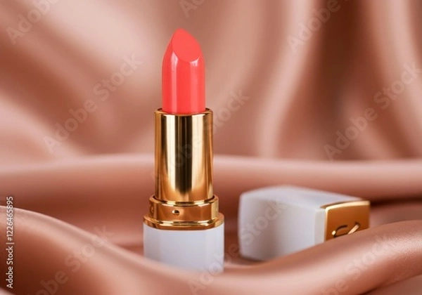 Obraz Luxury lipstick in coral pink shade with gold and white packaging on soft silky background in studio lighting
