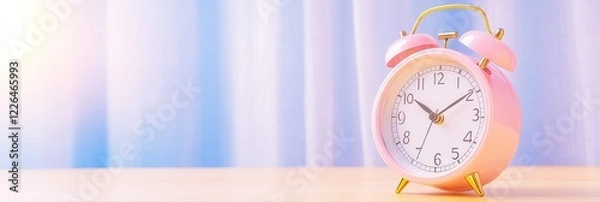 Fototapeta Vintage Pink Alarm Clock on Wooden Table - A stylish vintage pink alarm clock sits on a wooden table with a soft blue curtain backdrop, creating a serene atmosphere.