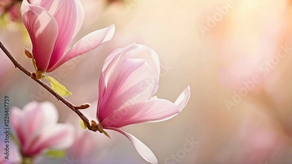 Fototapeta Magnolia Blossom for Magnolia Blossom Day: Elegant Floral Design in Soft Pastel Pink and White Tones