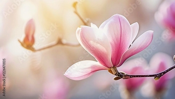 Fototapeta Magnolia Blossom for Magnolia Blossom Day: Elegant Floral Design in Soft Pastel Pink and White Tones