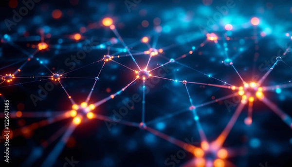 Fototapeta Interconnected network of glowing nodes and lines in blue and orange