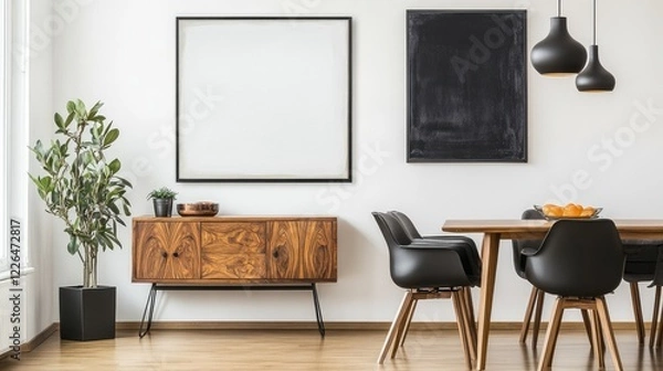 Fototapeta Modern Dining Room with Wooden Table and Black Chairs