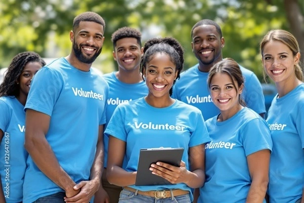 Fototapeta Happy group of volunteers in blue shirts smiling while standing outdoors, in a bright natural setting. Concept of teamwork and community service. Ai generative