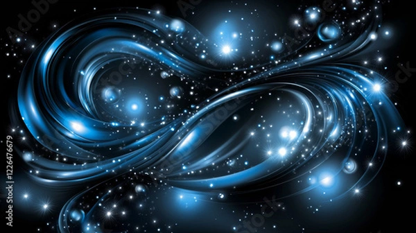 Fototapeta Swirling blue cosmic pattern with glowing stars and abstract shapes