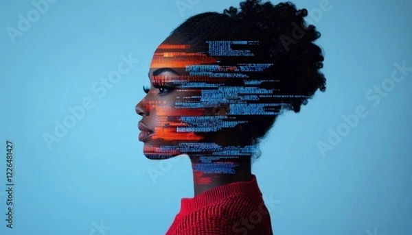 Fototapeta Profile View of Woman with Digital Code and Creative Background