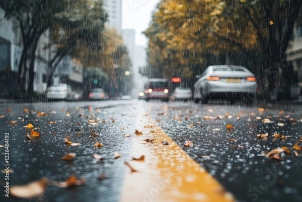 Fototapeta Autumn rain falls gently on empty streets of, creating a tranquil atmosphere with scattered leaves