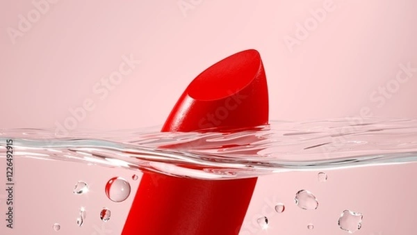 Obraz Closeup macro cosmetic lipstick bullet floating on the water's surface with a submerged sponge on pink background. 3D Render.