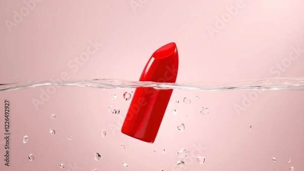 Fototapeta A cosmetic lipstick bullet floating on the water's surface with a submerged sponge on pink background. 3D Render.