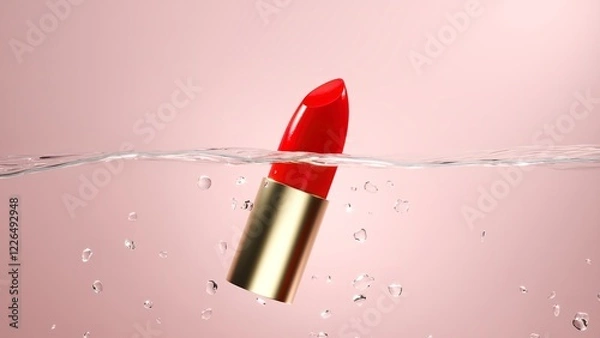 Obraz A vibrant red lipstick resting on water with a supporting sponge bubble below. on pink background. 3D Render.
