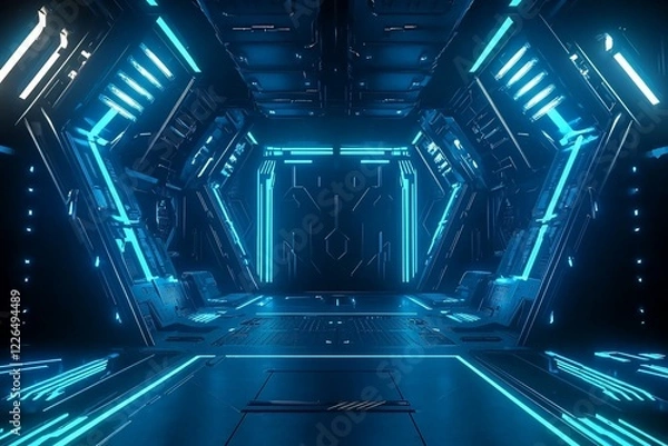 Fototapeta Futuristic sci-fi corridor with glowing blue lights, metallic walls, and a high-tech atmosphere