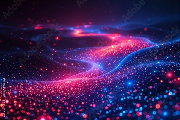 Fototapeta Abstract glowing particles form dynamic waves in vivid blue and pink hues, creating a futuristic, cosmic background. Concept of energy flow. Ai generative
