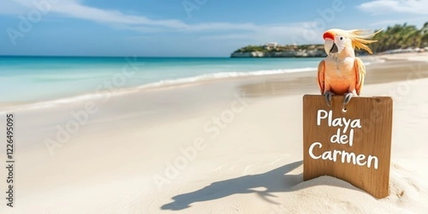 Fototapeta A vibrant parrot perched on a rustic wooden sign with "Playa del Carmen" text, set against a stunning tropical beach backdrop with turquoise waters, white sand, and palm trees.  .