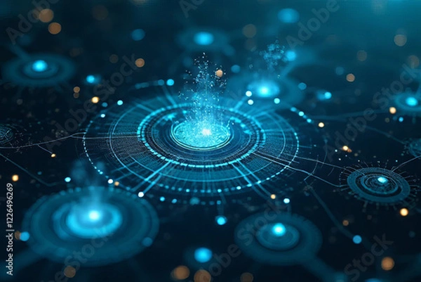 Fototapeta Futuristic digital interface with glowing blue elements and data visualization