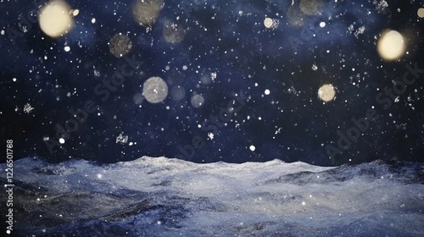 Fototapeta Snowy landscape with bokeh lights at night.