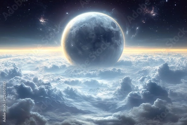 Fototapeta Celestial Sphere Above Cloudscape with Glowing Horizon and Distant Stars in Dark Sky