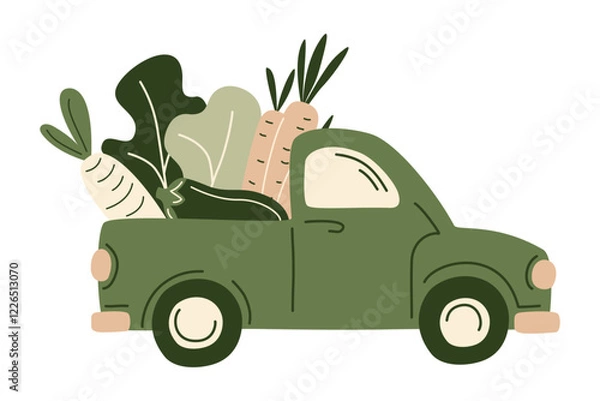 Fototapeta Retro farm pickup truck filled fresh grocery products from supermarket or farmer market. Organic fresh vegetables in the car for eco-friendly design of food delivery, Vector illustration in flat style