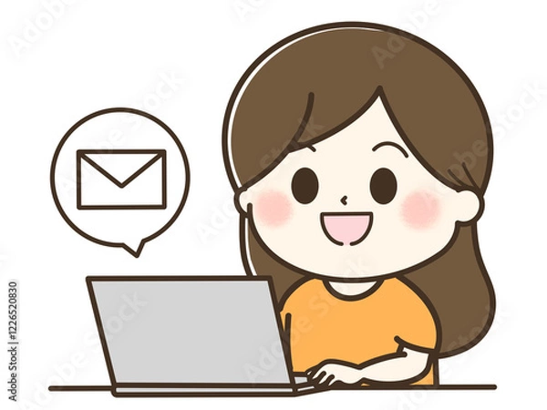 Fototapeta メールとパソコンを使う女性のゆるかわイラスト