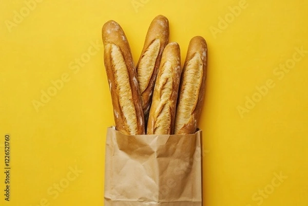 Fototapeta Four baguettes in a brown paper bag on a bright yellow background food still life flat lay