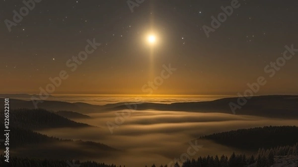 Fototapeta A serene night landscape with a bright moon illuminating fog over rolling hills.