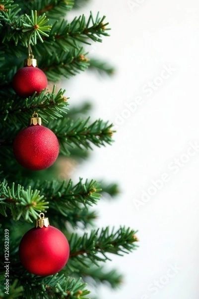 Obraz Red and green fir branch with Christmas balls, christmas balls, festive