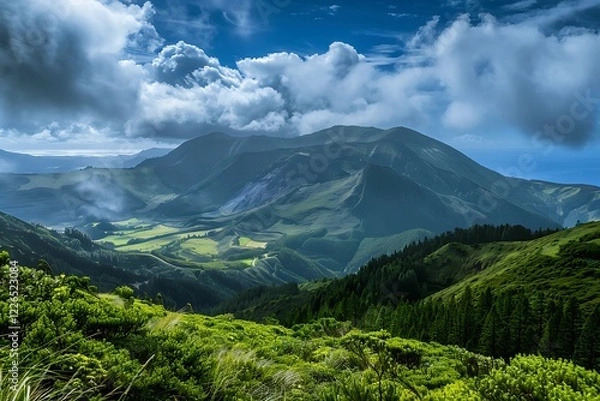 Fototapeta The majestic Mount Olympus towering above a lush landscape with clouds swirling around its peak, A mountain landscape on Ponta Delgada Island, Azores., Scenic mountainous landscape with green forests.