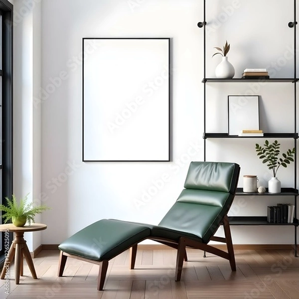 Fototapeta A modern interior scene featuring a sleek, dark green lounge chair with a wooden frame. The chair is positioned near a large window that allows natural light to enter the room.