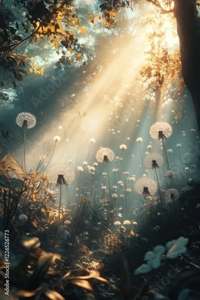 Fototapeta Sunbeams illuminate dandelion seeds in misty autumn forest